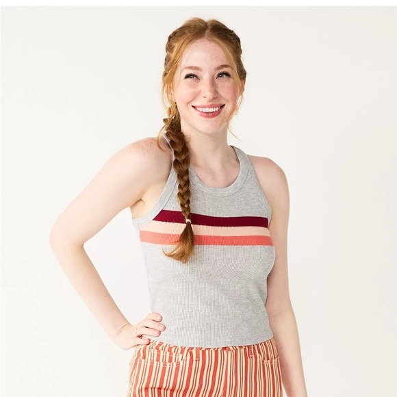 SO Tops - SO PULLOVER Small GRAY WITH 3 HORIZONTAL STRIPES COTTON BLEND SLEEVELESS Juniors